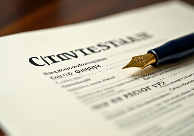 Detailed close-up of a legal document with a gold fountain pen