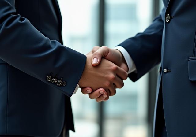 A handshake in a professional setting with a blurry architectural background